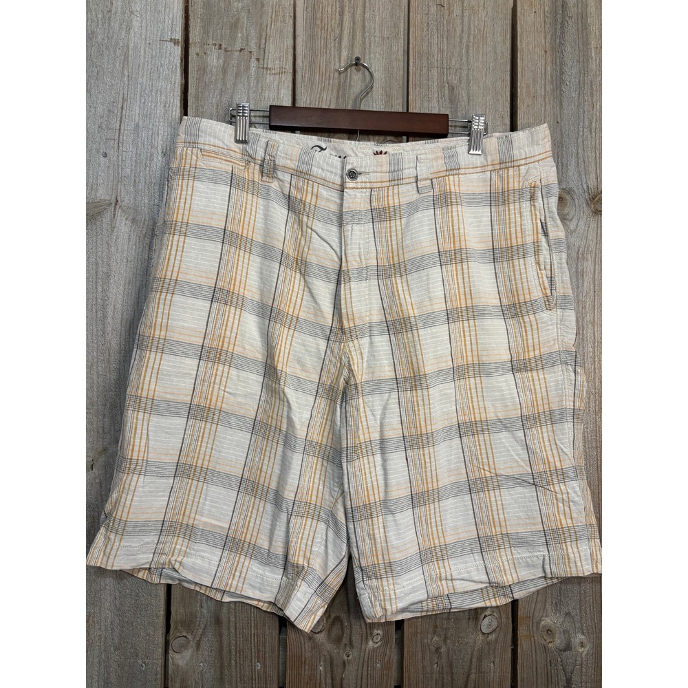 Tommy Bahama Mens Plaid Shorts Size 38 Linen Silk Blend Tan‎ Orange Grey Casual